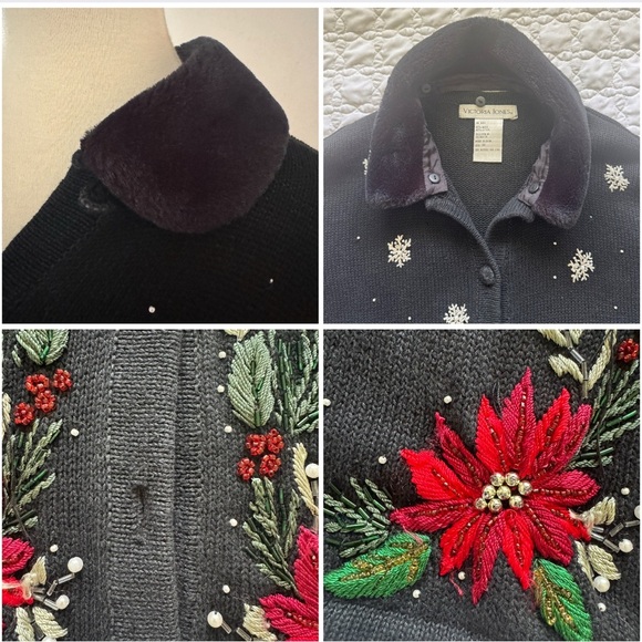 Vintage Victoria Jones Black Faux Fur Christmas Poinsettia Cardigan Size Medium - Picture 7 of 12